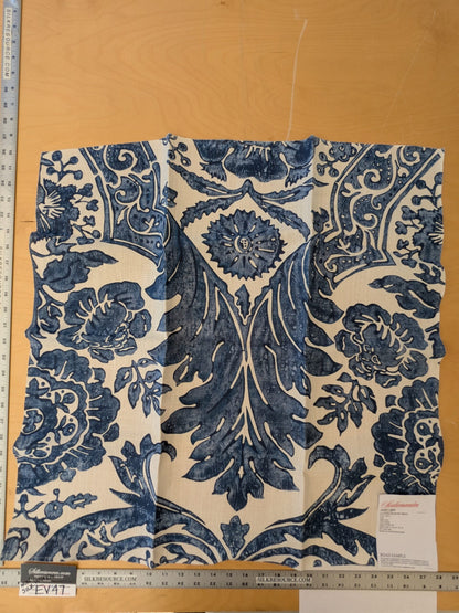 117 EV47 Square Scalamandre Luciana Damask Linen Print Denim Damask Print Blue White MSRP USD 346