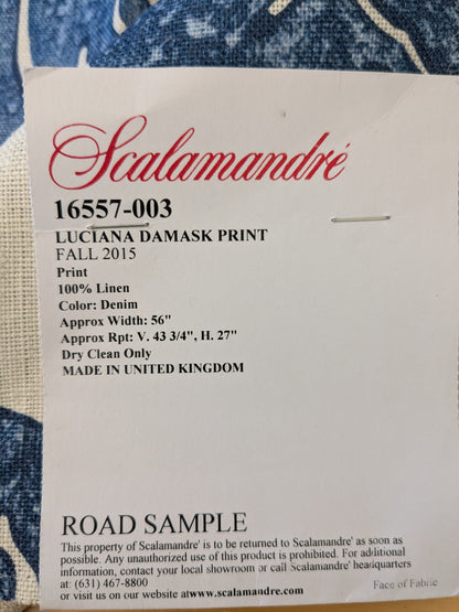 117 EV47 Square Scalamandre Luciana Damask Linen Print Denim Damask Print Blue White MSRP USD 346