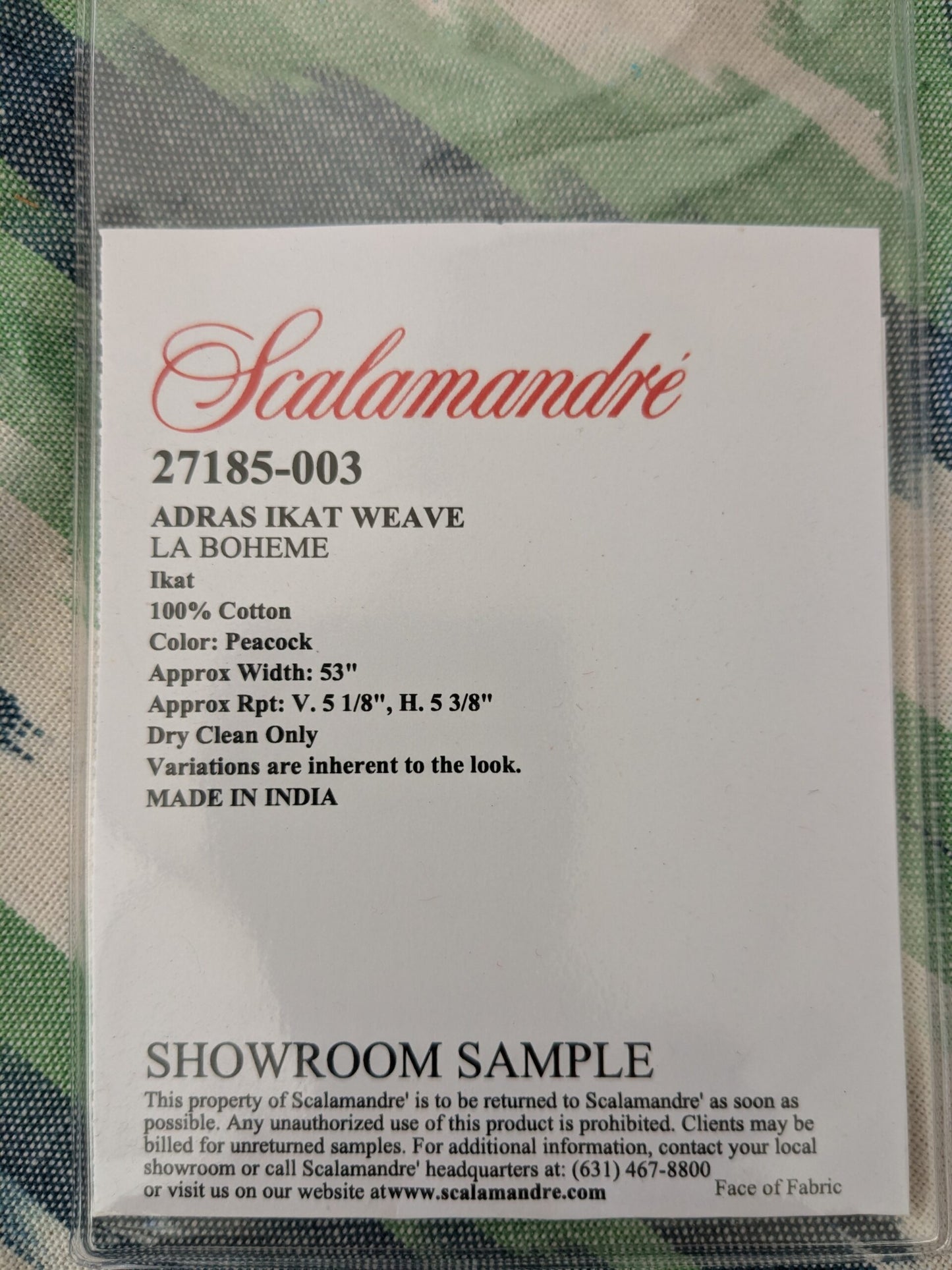 118 EV47 Square Scalamandre Adras Ikat Weave Peacock Cotton Blue Green White MSRP USD 150/y