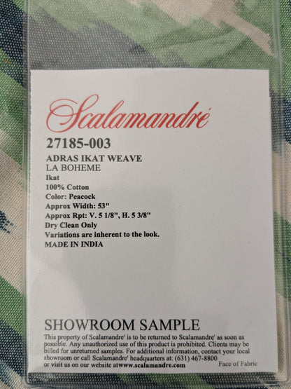 118 EV47 Square Scalamandre Adras Ikat Weave Peacock Cotton Blue Green White MSRP USD 150/y