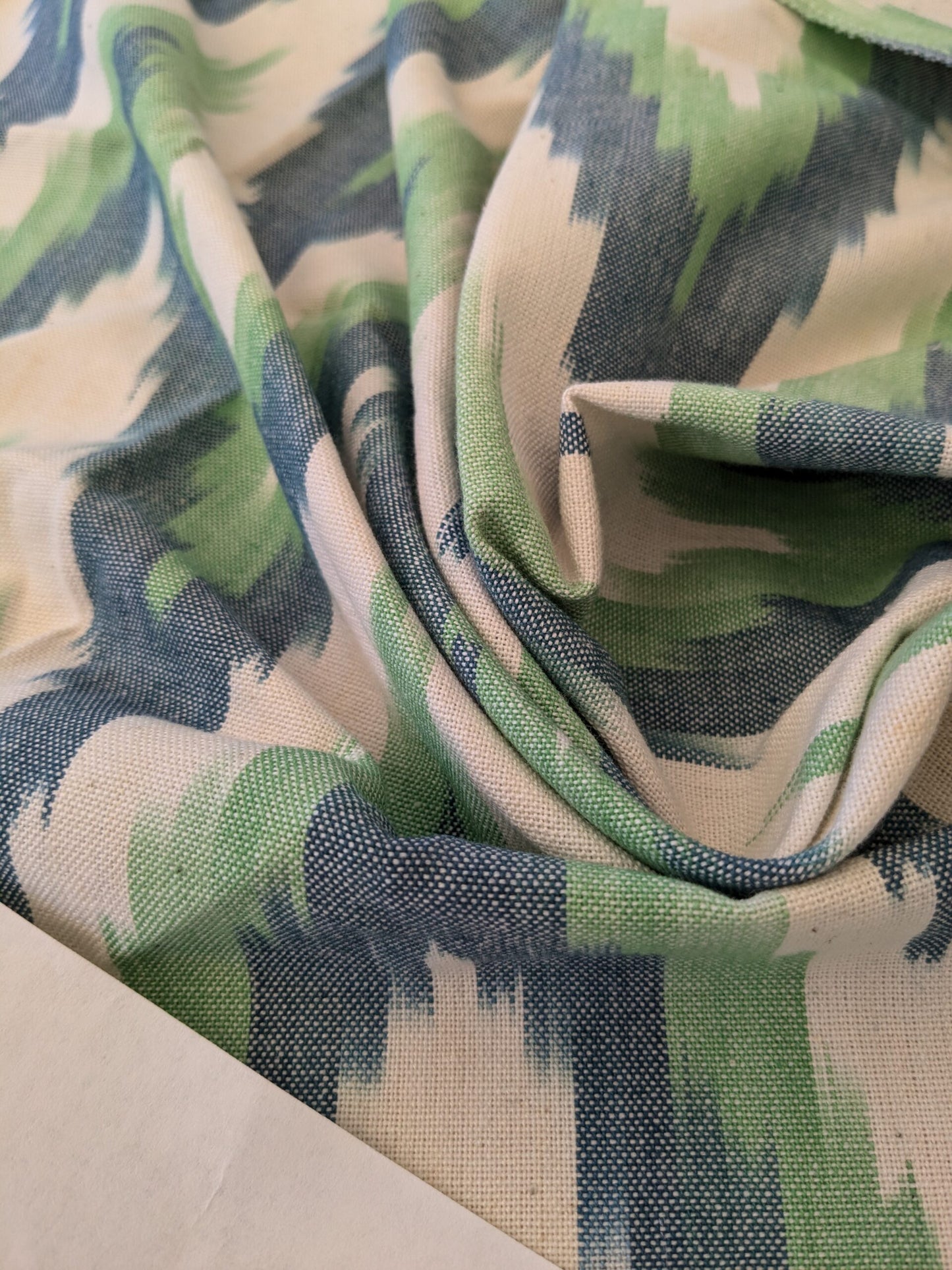 118 EV47 Square Scalamandre Adras Ikat Weave Peacock Cotton Blue Green White MSRP USD 150/y