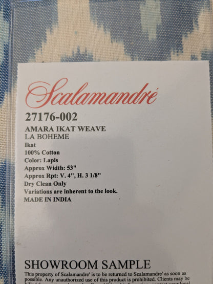 121 EV47 Square Scalamandre Amara Ikat Weave Lapis Blue White Cotton Hand Woven MSRP USD 150/Y