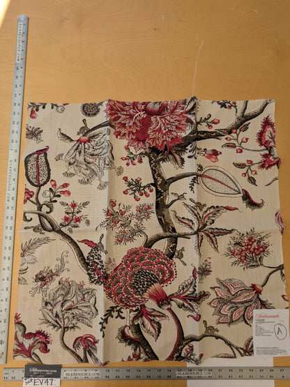 123 EV47 Square Scalamandre Pondicherry Linen Print Raspberry Red Brown on Beige Bird Animal Jacobean Bird Animal MSRP USD 292/y 26"x27"