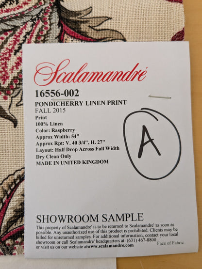 123 EV47 Square Scalamandre Pondicherry Linen Print Raspberry Red Brown on Beige Bird Animal Jacobean Bird Animal MSRP USD 292/y 26"x27"
