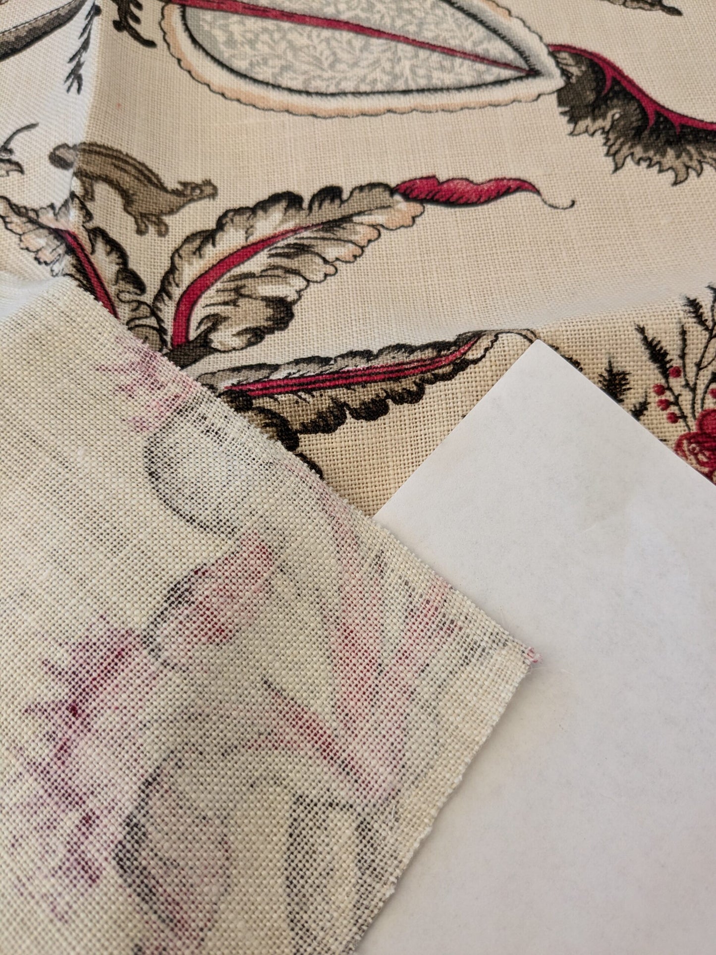 123 EV47 Square Scalamandre Pondicherry Linen Print Raspberry Red Brown on Beige Bird Animal Jacobean Bird Animal MSRP USD 292/y 26"x27"