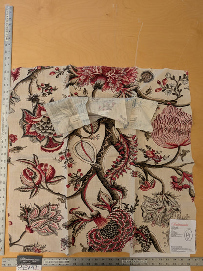 124 EV47 Square Scalamandre Pondicherry Linen Print Raspberry Red Brown on Beige Bird Animal Jacobean Bird Animal MSRP USD 292/y 26"x27"