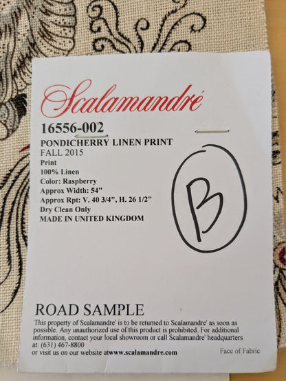 124 EV47 Square Scalamandre Pondicherry Linen Print Raspberry Red Brown on Beige Bird Animal Jacobean Bird Animal MSRP USD 292/y 26"x27"