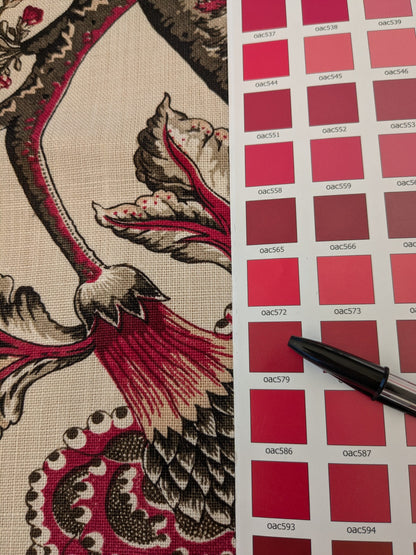 124 EV47 Square Scalamandre Pondicherry Linen Print Raspberry Red Brown on Beige Bird Animal Jacobean Bird Animal MSRP USD 292/y 26"x27"