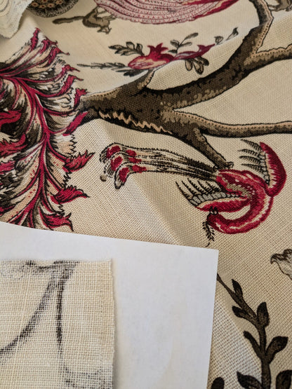 124 EV47 Square Scalamandre Pondicherry Linen Print Raspberry Red Brown on Beige Bird Animal Jacobean Bird Animal MSRP USD 292/y 26"x27"