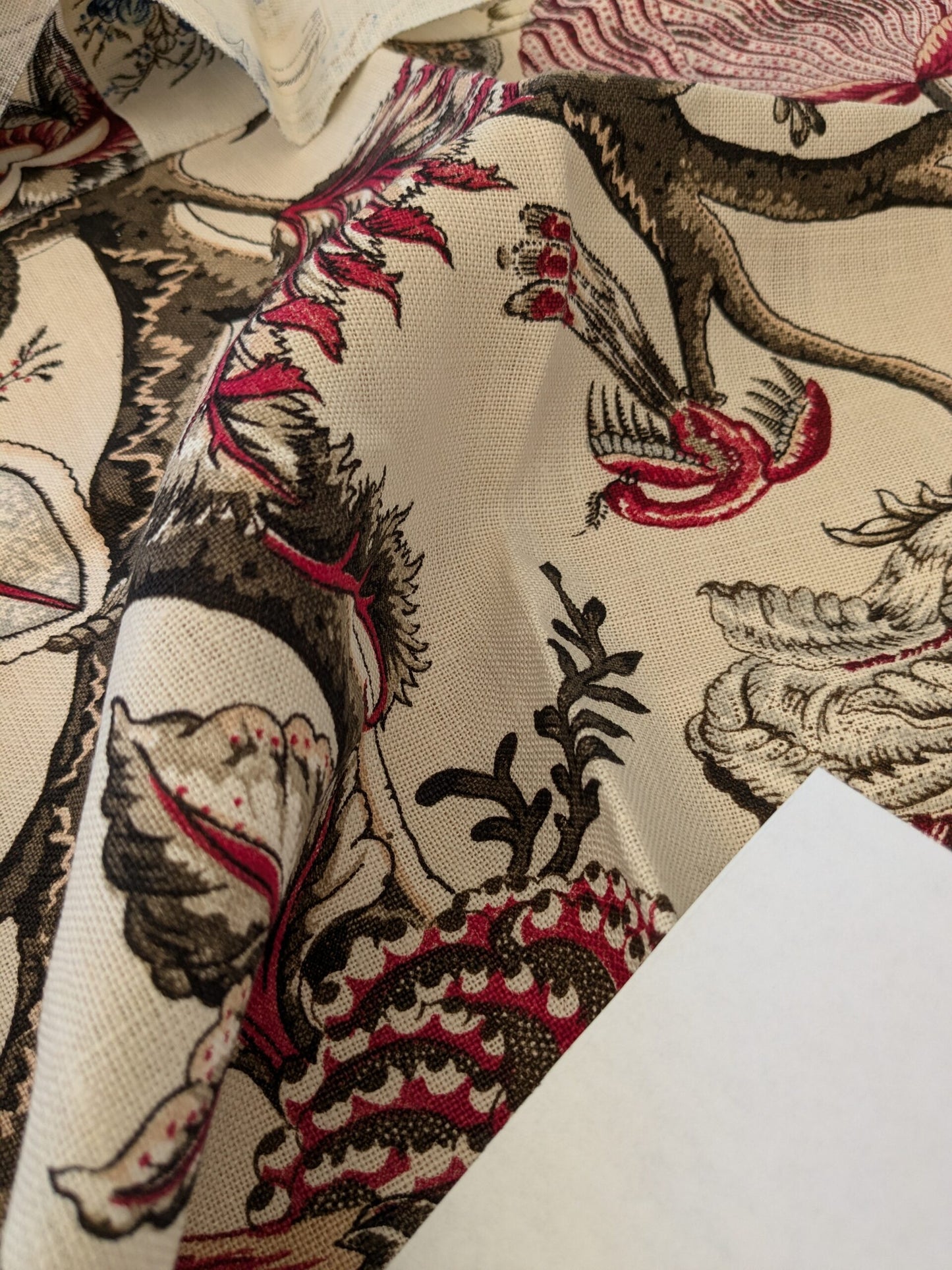 124 EV47 Square Scalamandre Pondicherry Linen Print Raspberry Red Brown on Beige Bird Animal Jacobean Bird Animal MSRP USD 292/y 26"x27"