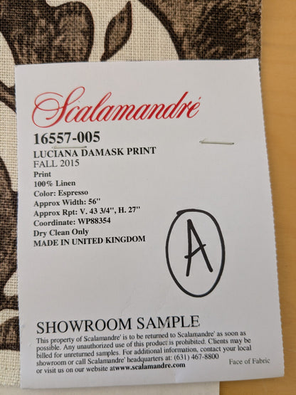 125 EV47 Square Scalamandre Luciana Damask Print Linen Espresso Brown White MSRP USD 346/yard