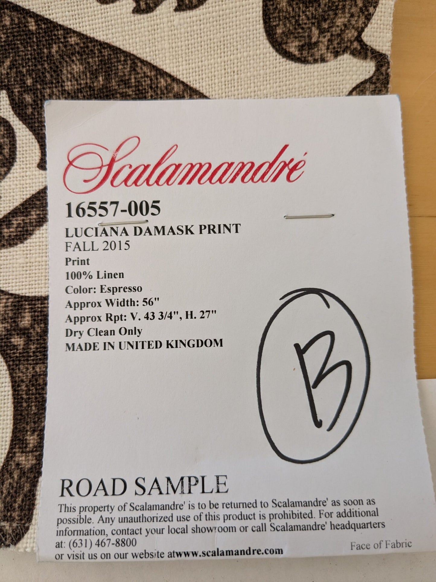 126 EV47 Square Scalamandre Luciana Damask Print Linen Espresso Brown White MSRP USD 346/yard