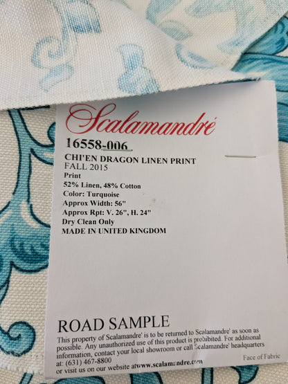 129 EV47 Square Scalamandre Chi’en Dragon Linen Print Turquoise Blue White 26"x26"