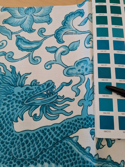 129 EV47 Square Scalamandre Chi’en Dragon Linen Print Turquoise Blue White 26"x26"