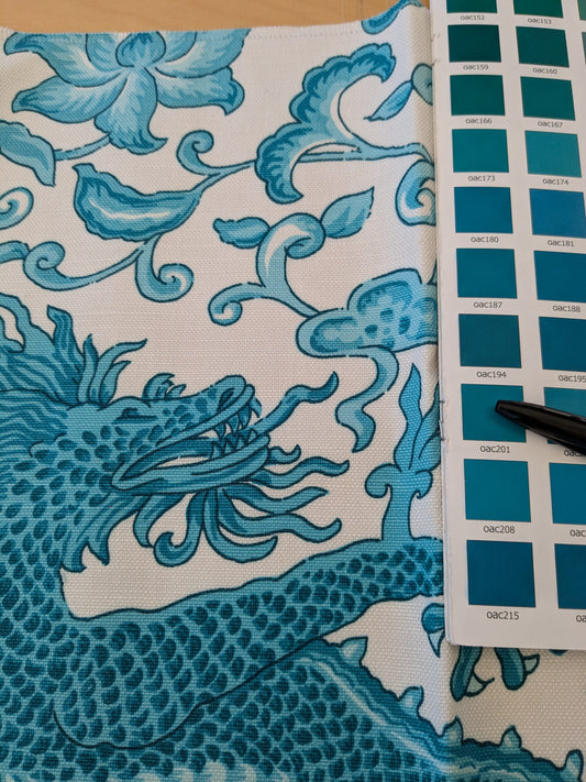 129 EV47 Square Scalamandre Chi’en Dragon Linen Print Turquoise Blue White 26"x26"