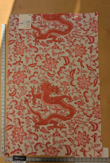 130 EV47 Square Scalamandre Chi’en Dragon Linen Print Coral on Cream Red White 38"x25"