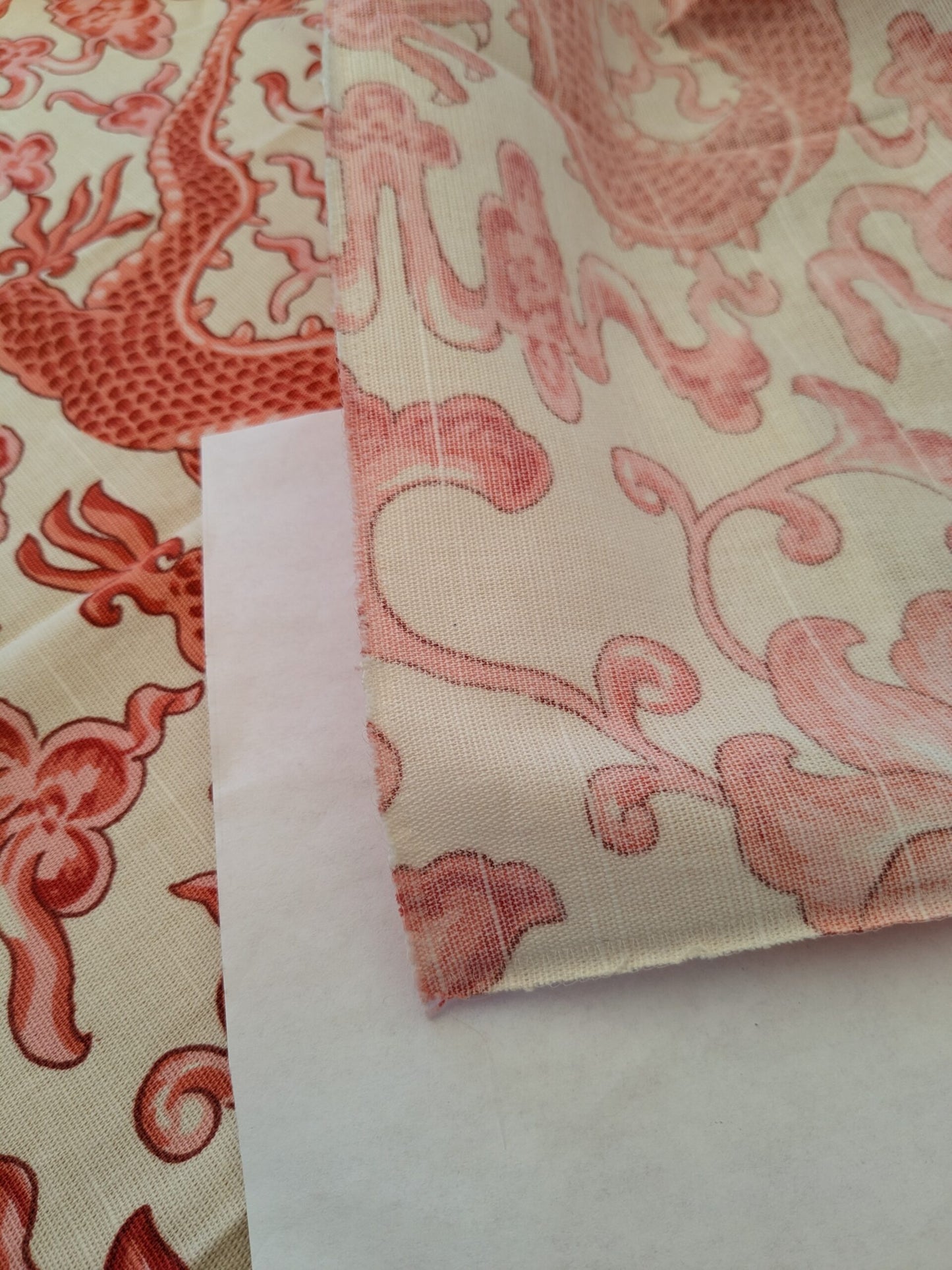 130 EV47 Square Scalamandre Chi’en Dragon Linen Print Coral on Cream Red White 38"x25"