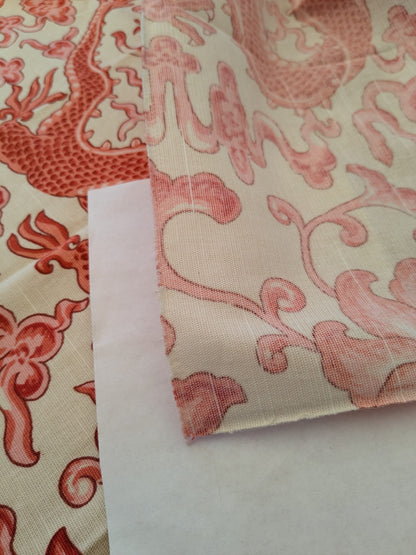 130 EV47 Square Scalamandre Chi’en Dragon Linen Print Coral on Cream Red White 38"x25"