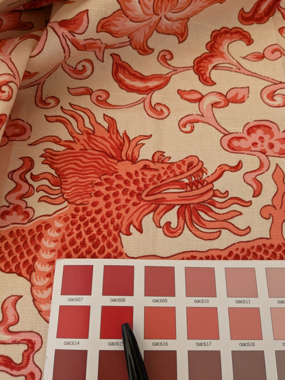 130 EV47 Square Scalamandre Chi’en Dragon Linen Print Coral on Cream Red White 38"x25"
