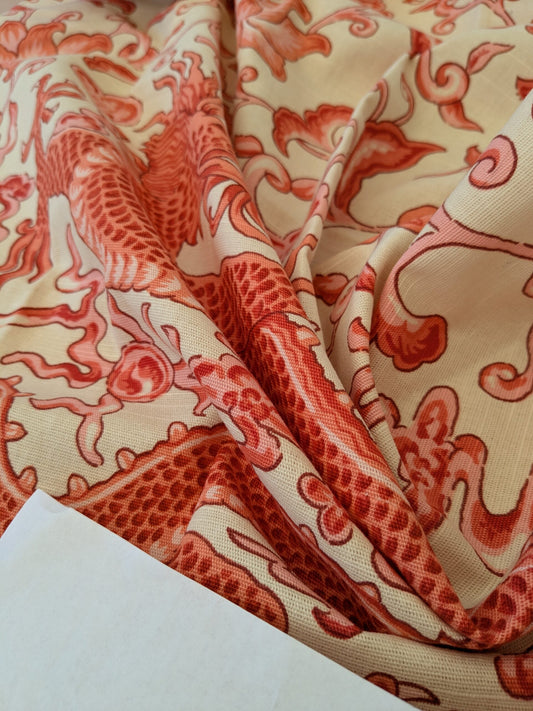 130 EV47 Square Scalamandre Chi’en Dragon Linen Print Coral on Cream Red White 38"x25"