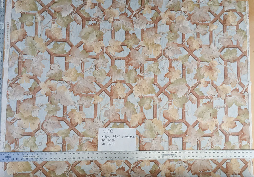Brunschwig & Fils Vite Grape Vineyard Foliage Viticulture Printed Cotton Satin Light Blue Sky Green
