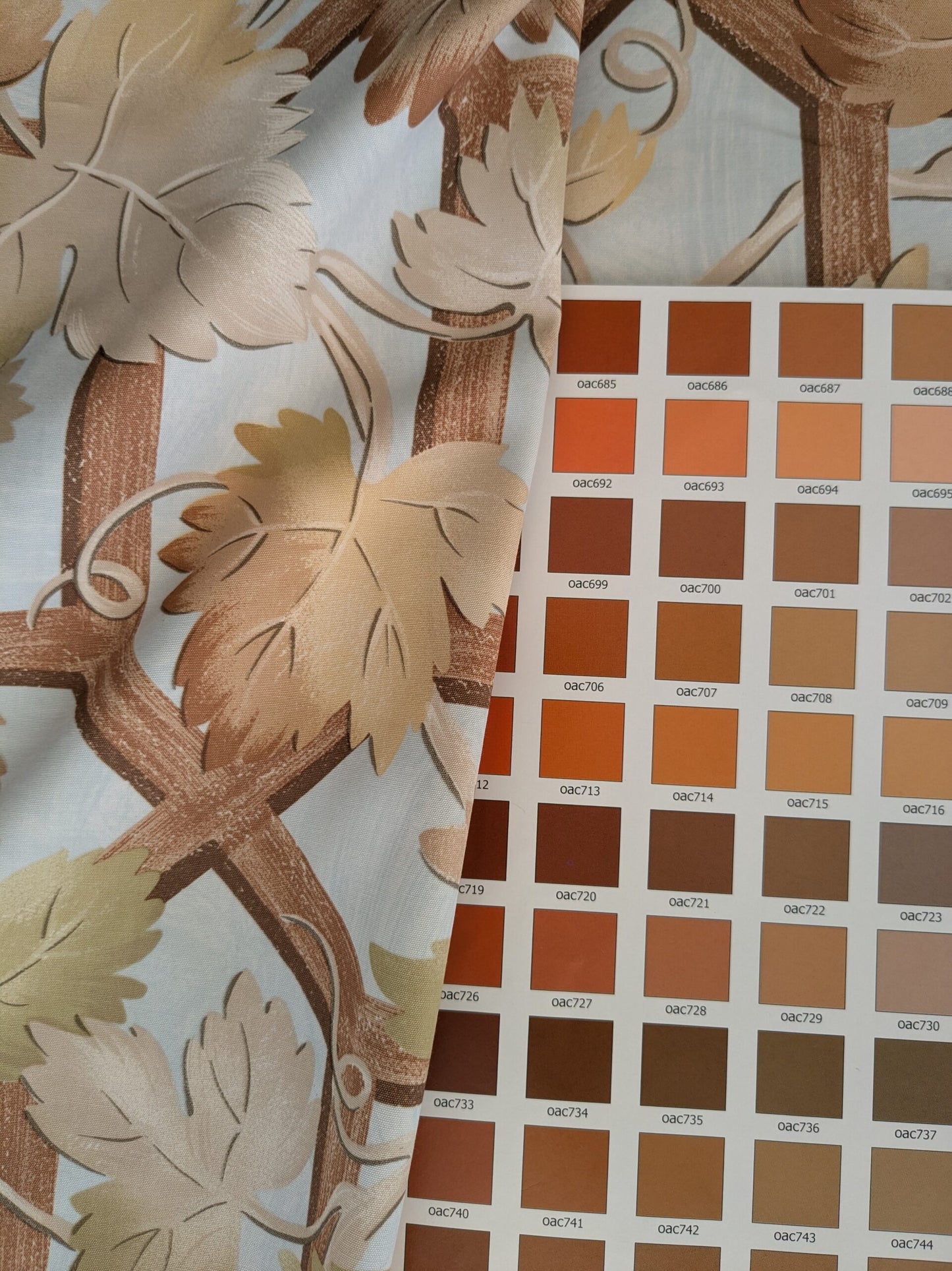 Brunschwig &amp; Fils Vite Grape Vineyard Foliage Viticulture Printed Cotton Satin Light Blue Sky Green