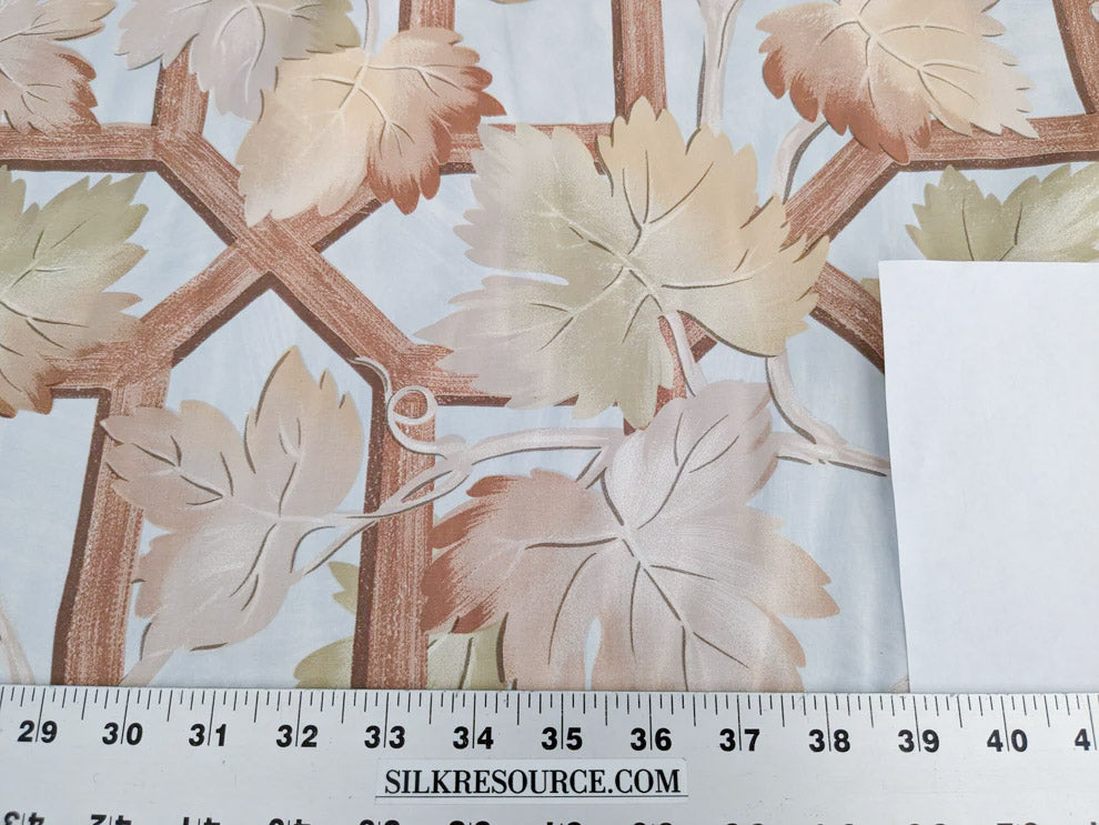 Brunschwig & Fils Vite Grape Vineyard Foliage Viticulture Printed Cotton Satin Light Blue Sky Green