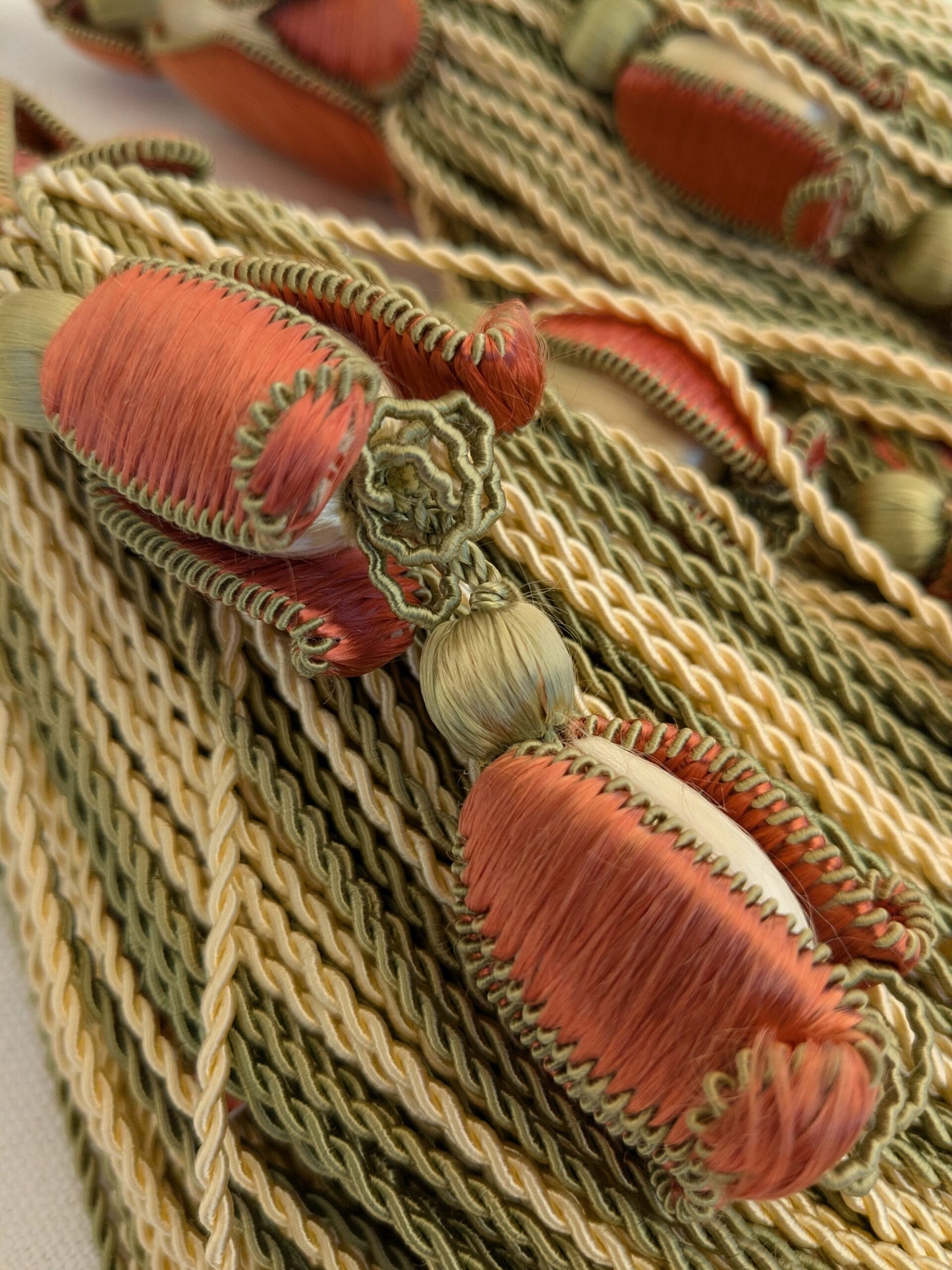 Scalamandre Tulip Tieback Pink Green Cream Tassel Rayon Cotton Wood MSRP USD 1,996