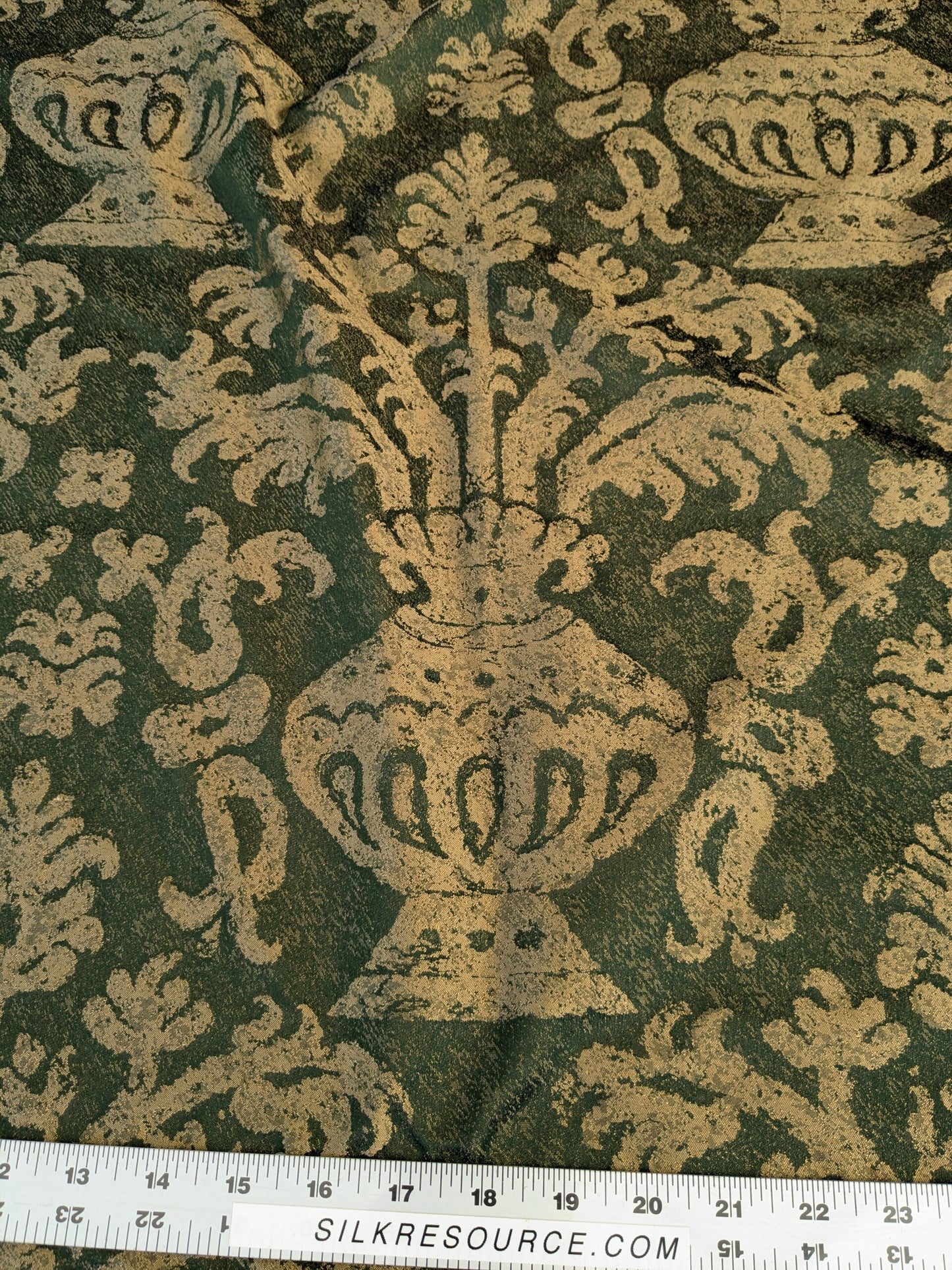 Chinoisery Flower in Vase Bronze Age 100% Silk Damask Emerald Deep Green Radiance! Highest Quality MSRP USD 400+/Yard