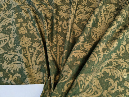 Chinoisery Flower in Vase Bronze Age 100% Silk Damask Emerald Deep Green Radiance! Highest Quality MSRP USD 400+/Yard