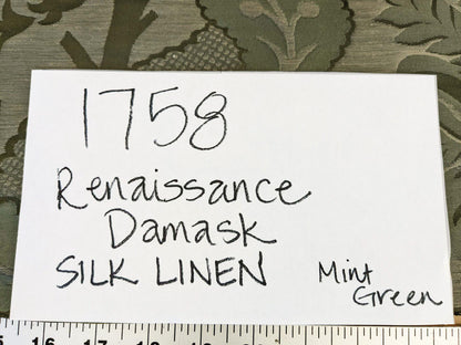 BY Yard Palace Of Iris Renaissance Damask Silk Linen Sage Mint Green MSRP US 400+/yard
