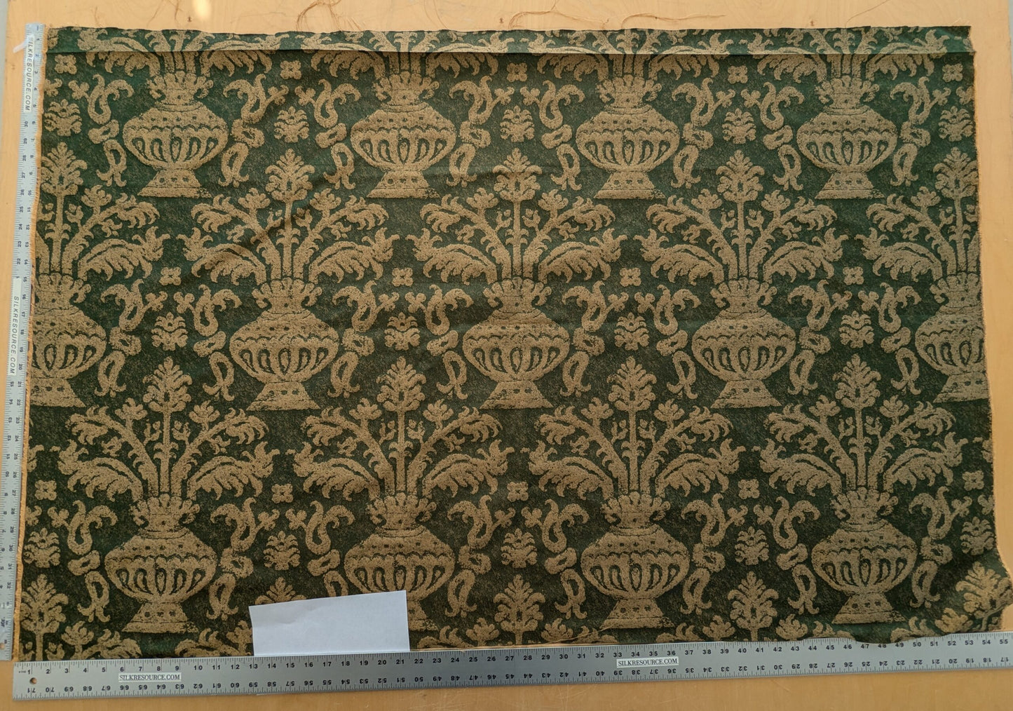 Chinoisery Flower in Vase Bronze Age 100% Silk Damask Emerald Deep Green Radiance! Highest Quality MSRP USD 400+/Yard