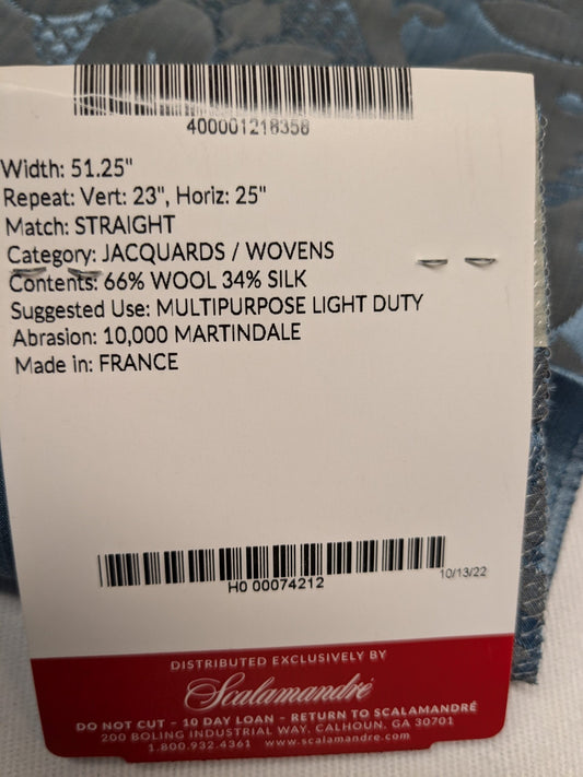 Special Order Scalamandre Lelievre Paris Athenais Mesange Blue Silk Wool Damask MSRP USD1172/y