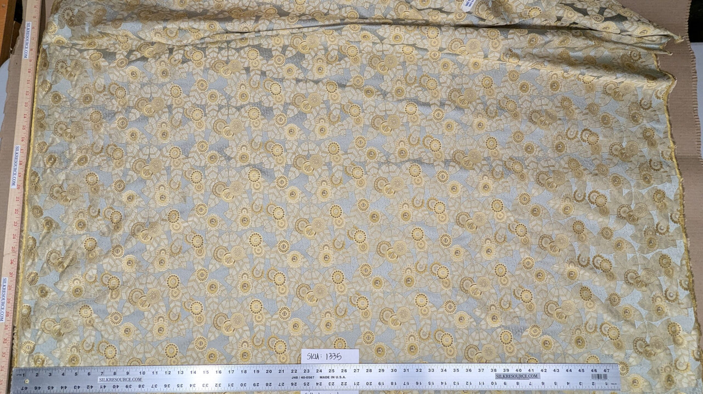 1.5Y Hiend Art Deco Sunflower Daisy 100% Silk Brocade Aqua Blue Gold Flora MSRP USD 280+/Y