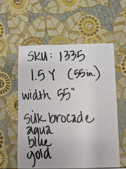1.5Y Hiend Art Deco Sunflower Daisy 100% Silk Brocade Aqua Blue Gold Flora MSRP USD 280+/Y