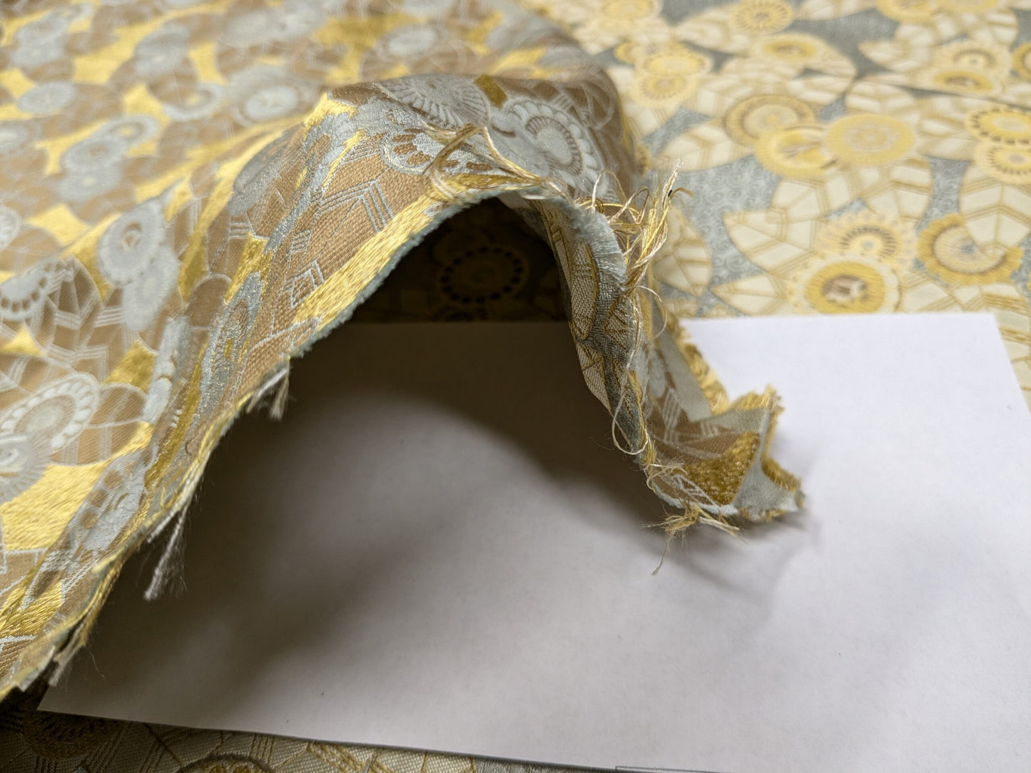 1.5Y Hiend Art Deco Sunflower Daisy 100% Silk Brocade Aqua Blue Gold Flora MSRP USD 280+/Y