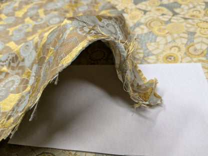 1.5Y Hiend Art Deco Sunflower Daisy 100% Silk Brocade Aqua Blue Gold Flora MSRP USD 280+/Y