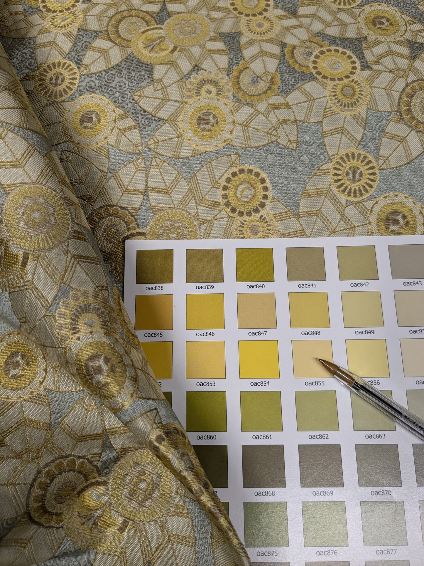 1.5Y Hiend Art Deco Sunflower Daisy 100% Silk Brocade Aqua Blue Gold Flora MSRP USD 280+/Y