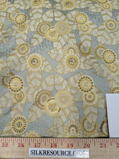 1.5Y Hiend Art Deco Sunflower Daisy 100% Silk Brocade Aqua Blue Gold Flora MSRP USD 280+/Y