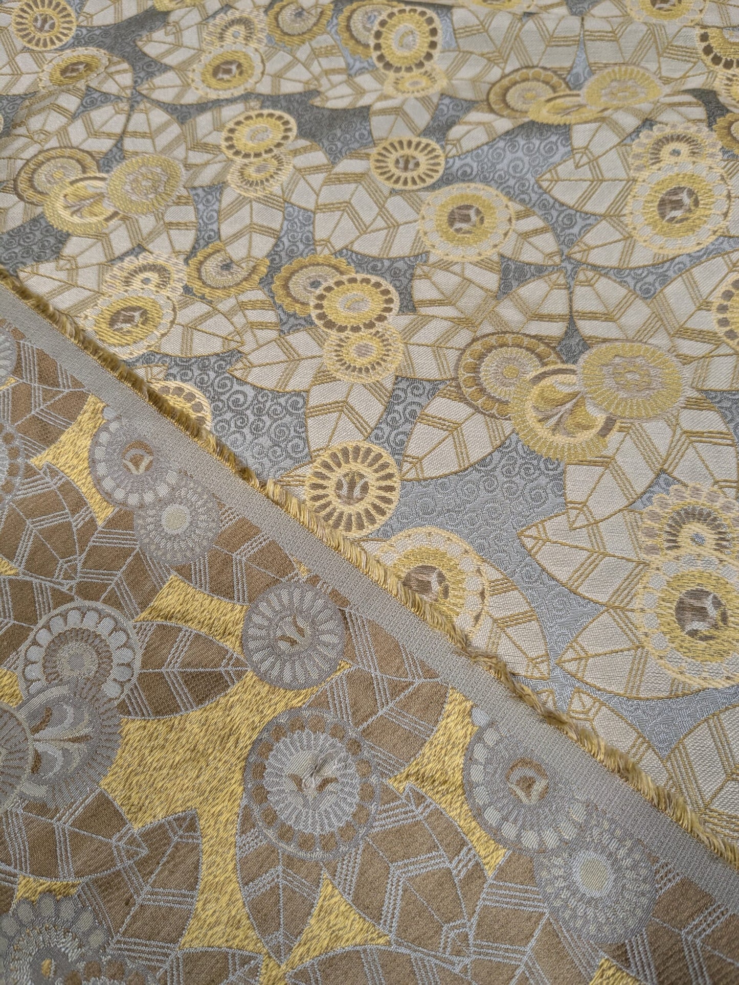 1.5Y Hiend Art Deco Sunflower Daisy 100% Silk Brocade Aqua Blue Gold Flora MSRP USD 280+/Y