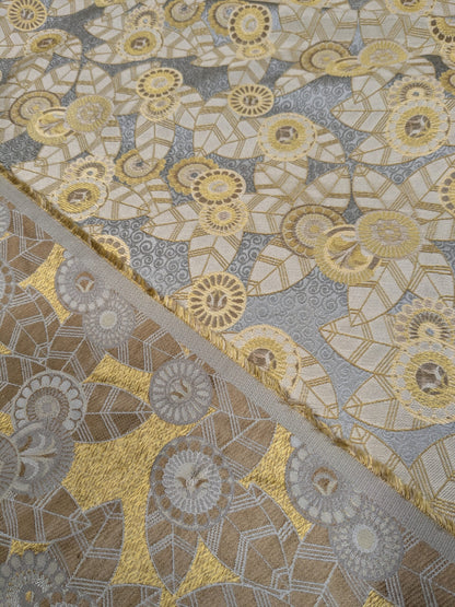 1.5Y Hiend Art Deco Sunflower Daisy 100% Silk Brocade Aqua Blue Gold Flora MSRP USD 280+/Y