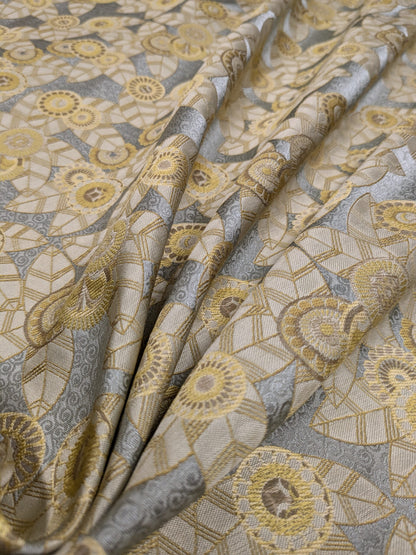 1.5Y Hiend Art Deco Sunflower Daisy 100% Silk Brocade Aqua Blue Gold Flora MSRP USD 280+/Y