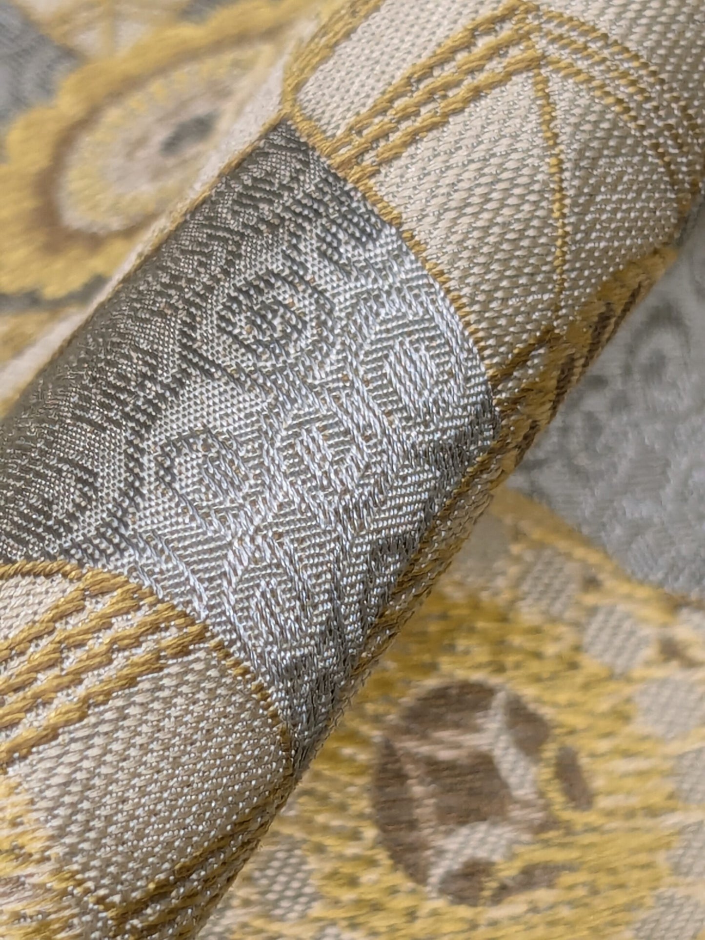 1.5Y Hiend Art Deco Sunflower Daisy 100% Silk Brocade Aqua Blue Gold Flora MSRP USD 280+/Y