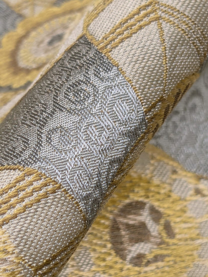 1.5Y Hiend Art Deco Sunflower Daisy 100% Silk Brocade Aqua Blue Gold Flora MSRP USD 280+/Y