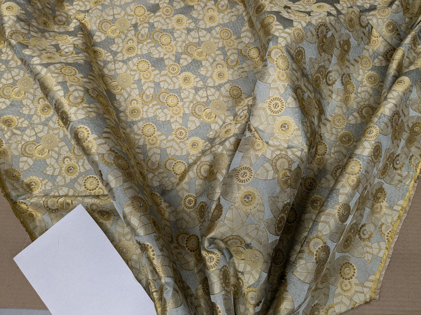 1.5Y Hiend Art Deco Sunflower Daisy 100% Silk Brocade Aqua Blue Gold Flora MSRP USD 280+/Y