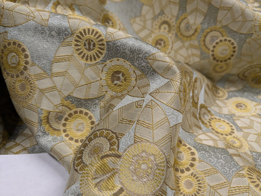 1.5Y Hiend Art Deco Sunflower Daisy 100% Silk Brocade Aqua Blue Gold Flora MSRP USD 280+/Y