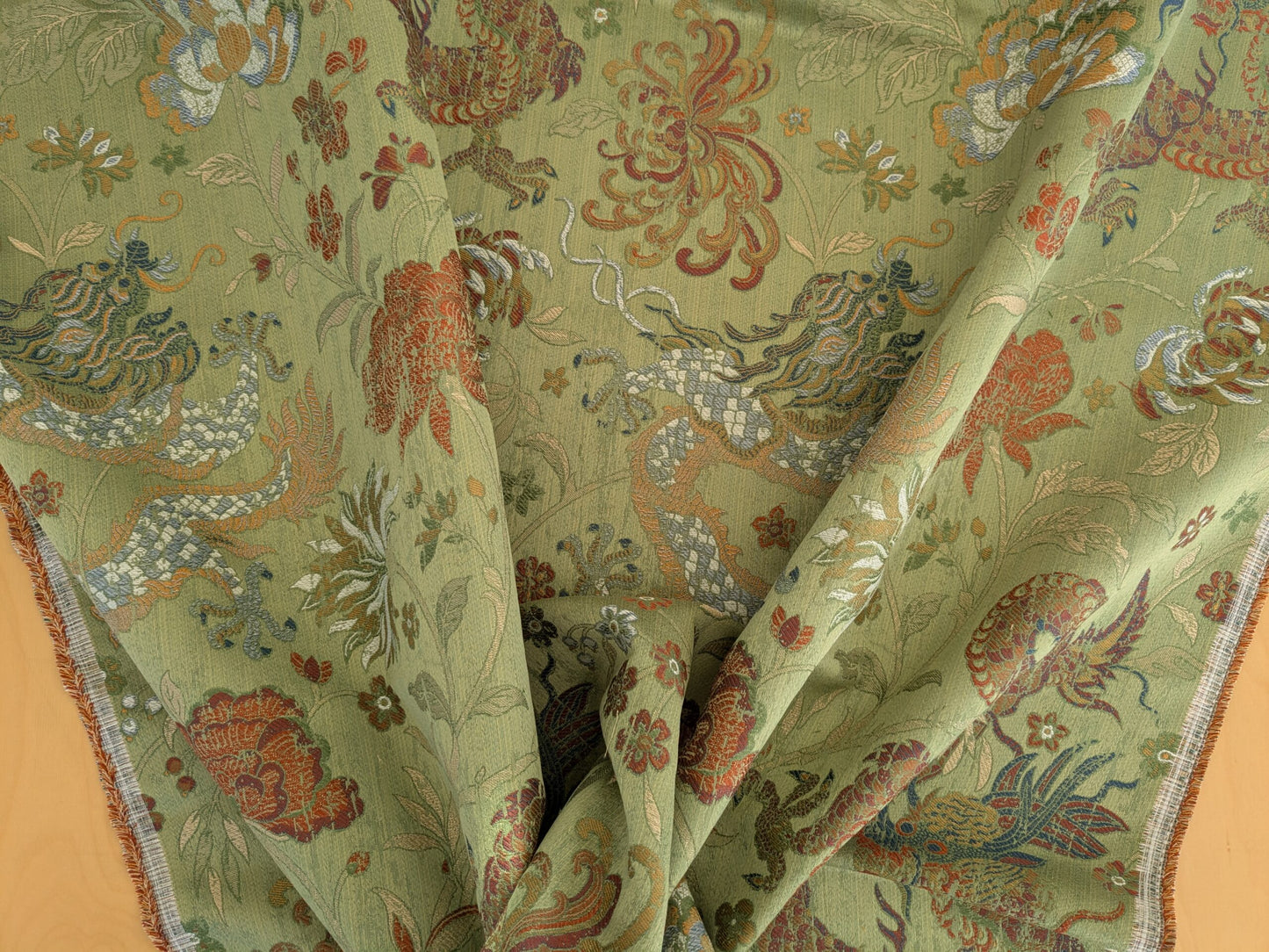 by yard Scalamandre Dragon Tablea Spring Multi Lampas Chinoserie Green MSRP USD 716/y