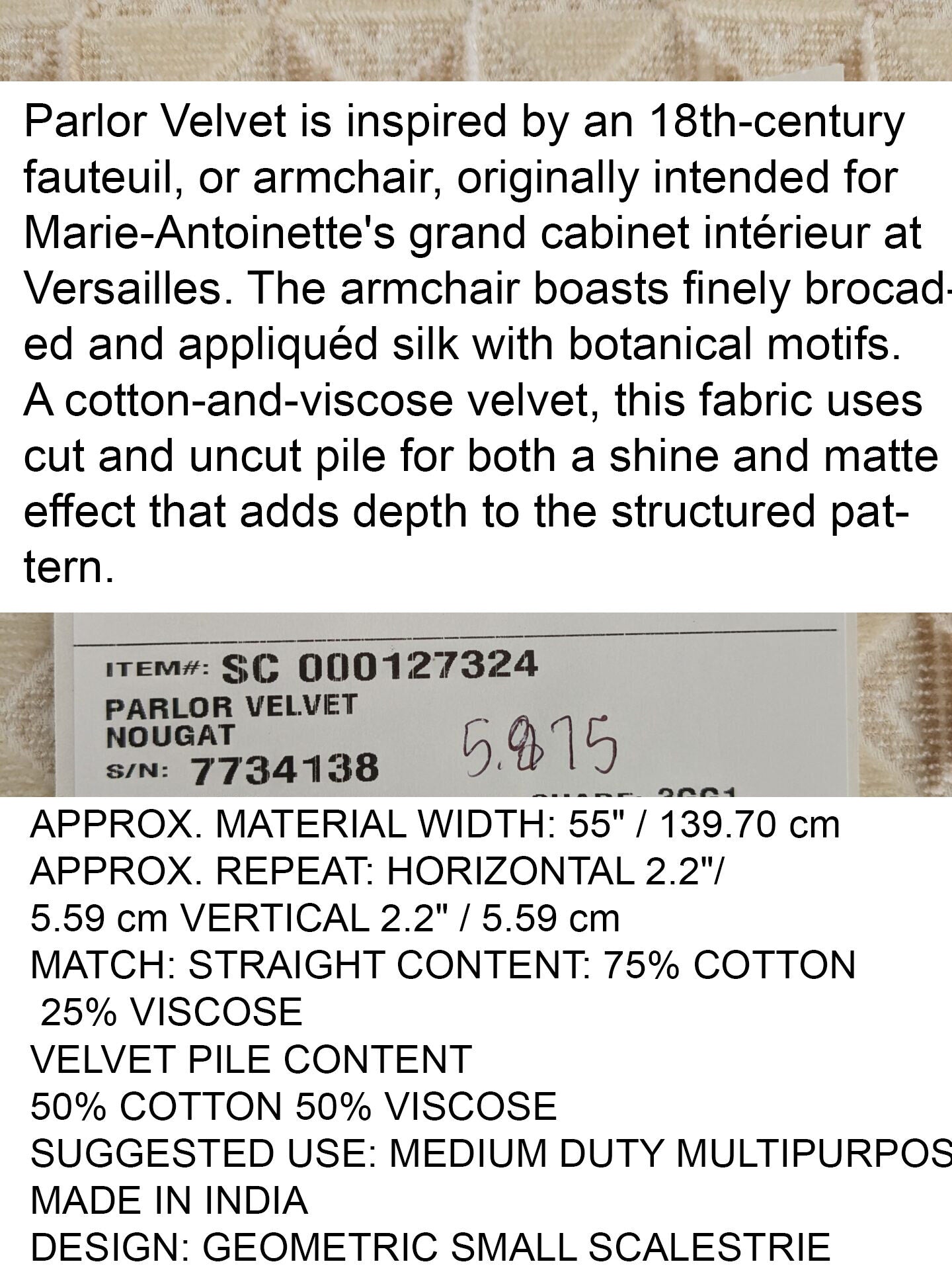 by yard Scalamandre Parlor Velvet Nougat Cream Beige Special order MSRP USD 372/y