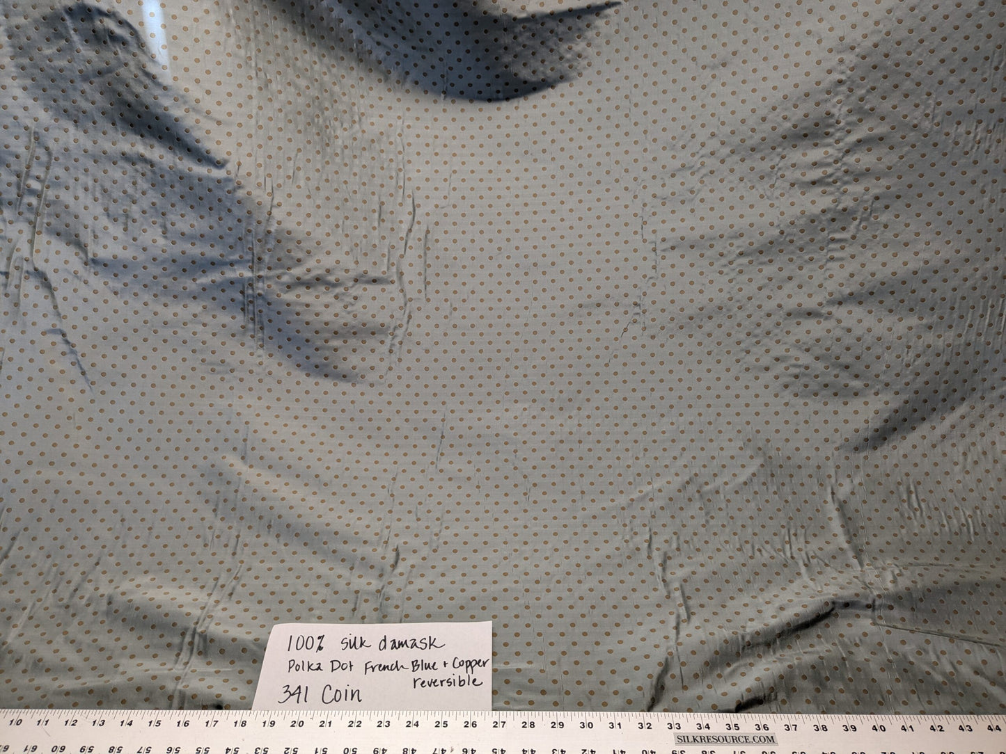 100% Silk Damask Jacquard Polka Dot "coin" French Blue Copper Gold Heavy Reversible