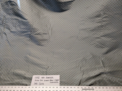 100% Silk Damask Jacquard Polka Dot "coin" French Blue Copper Gold Heavy Reversible